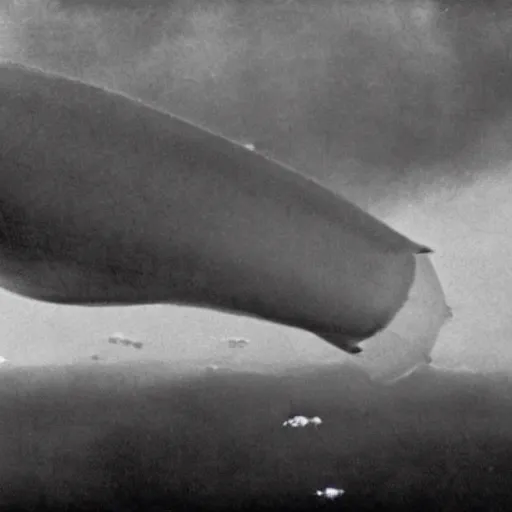 Image similar to cinematic photo of a lot of zeppelins. the zeppelins are clustered together in the air. the zeppelins are gathered around an active volcano on an island to observe it.