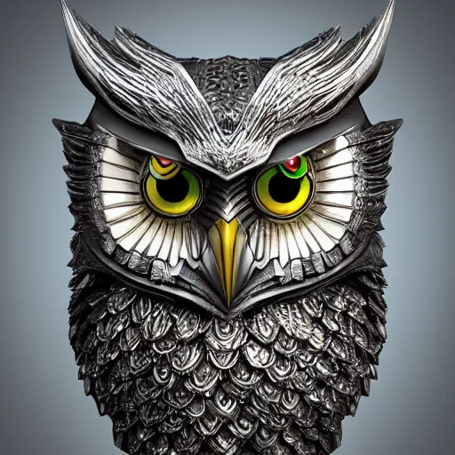 Image similar to warrior with jewel encrust metal owl armour, highly detailed, 4k, HDR, smooth, sharp focus, hyper realistic, high resolution