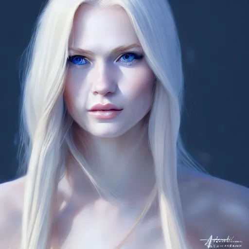 Prompt: portrait of a woman with long blonde hair, blue eyes, white dress, elegant, highly detailed, perfect face, stanley artgem lau, artstation, concept art, 8k