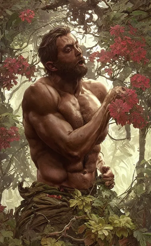 Image similar to god of the forest, 3 0 years old, rugged, male, gorgeous, detailed face, amazing, thighs!!!!!!, flowers, muscular, intricate, highly detailed, digital painting, artstation, concept art, sharp focus, illustration, art by greg rutkowski and alphonse mucha