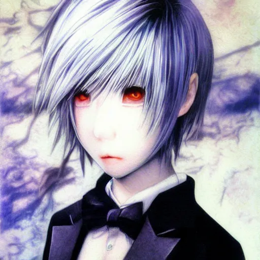 Image similar to Yoshitaka Amano realistic illustration of an anime girl with short white hair and black eyes wearing tuxedo, black and white battle background from Earthbound game, film grain effect, highly detailed, Renaissance oil painting