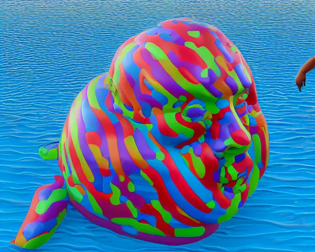 Prompt: a long shot of a giant award winning sculpture of a human head made out of a huge amount of inflatable pool toys, on the surface of the ocean, in the style of chad knight, hyper detailed, hyper realistic, ray tracing, 8 k resolution, sharp focus, realistic water