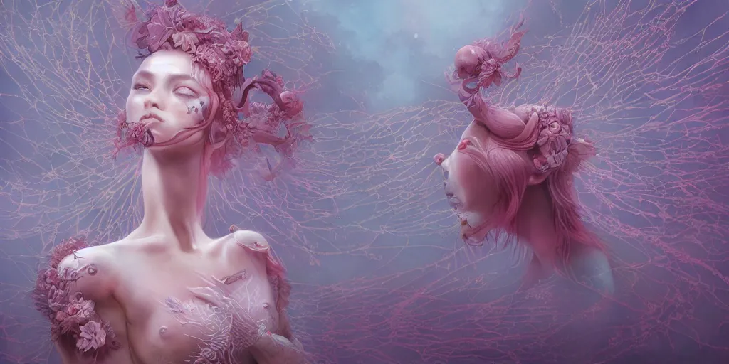 Image similar to hyperrealistic solarpunk photography of a highly detailed and symmetrical gorgeous cyborg nymph awash in a sea of pink milk in the style of beth cavener, jin kagetsu, james jean and wlop, highly detailed, face symmetry, masterpiece, award - winning, sharp focus, intricate concept art, ambient lighting, 8 k, artstation