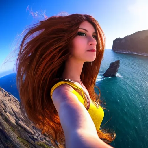 Image similar to Selfie!!!!! of a woman with gorgeous hair flowing in the wind, on a cliff!!!!!, first-person view, fisheye!!!!! lens!!!!!, photorealistic image, trending on artstation, 4k, 8k