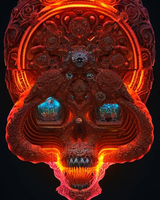 Image similar to 3 d ornate carved water heart, sigma 5 0 0 mm f / 5. global illumination beautiful intricate highly detailed quetzalcoatl skull. bioluminescent, plasma, lava, ice, water, wind, creature, thunderstorm! artwork by tooth wu and wlop and beeple and greg rutkowski, 8 k trending on artstation