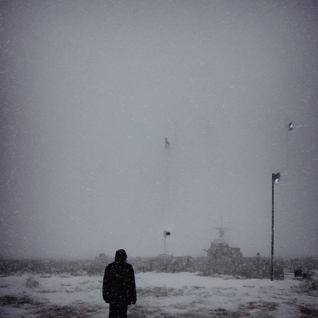 Image similar to photo of shiprock, new mexico during a snowstorm. a mark iv tank is in the distance, looking back over his shoulder. cold color temperature, snow storm. hazy atmosphere. humidity haze. kodak ektachrome, greenish expired film, award winning, low contrast,