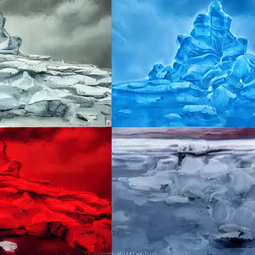 Image similar to horrific painting of an ice floe meeting magma!!!!!! in the middle, in the style of vintage photography, textured, skewed perspective, last photo ever taken, apocalyptic event, red color palette on left side and blue color palette on right side