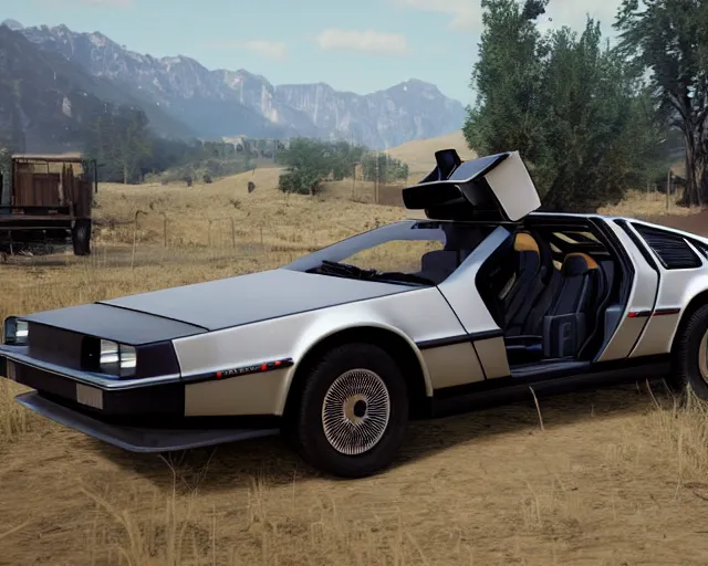 Image similar to new concept for a delorean, cinematic, photoreal, by red dead redemption 2