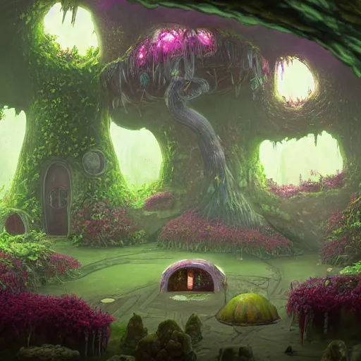 Image similar to concept art painting of a interior of a fungal cozy alien fantasy fairytale house, with black vines and magenta plants, realistic, detailed, cel shaded, dark, in the style of makoto shinkai and greg rutkowski and james gurney