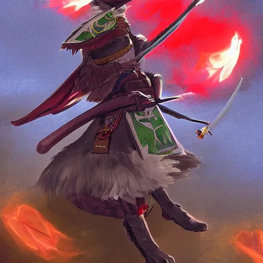 Prompt: avian leader in a army combat uniform created entirely of feathers holding a rapier with a bright red beak medieval theme rito breath of the wild, digital art, cinematic lighting