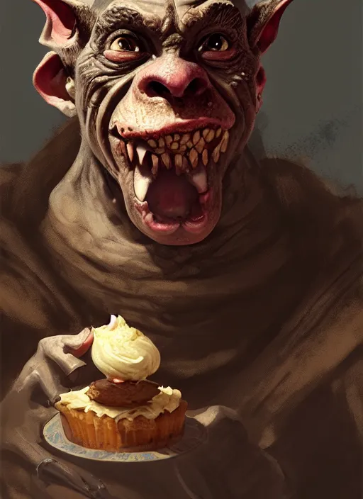 Image similar to profile face portrait of a medieval goblin eating cakes in the cloisters, beautiful face, hyper realistic, highly detailed, digital painting, artstation, illustration, concept art by hyung tae and frank frazetta, digital paint, matte paint, washed colors, dark, gloomy