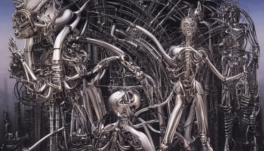 Image similar to biomechanical utopia full of sentient nanites and wonder, hyper realistic by Hajime Sorayama and H.R Giger,