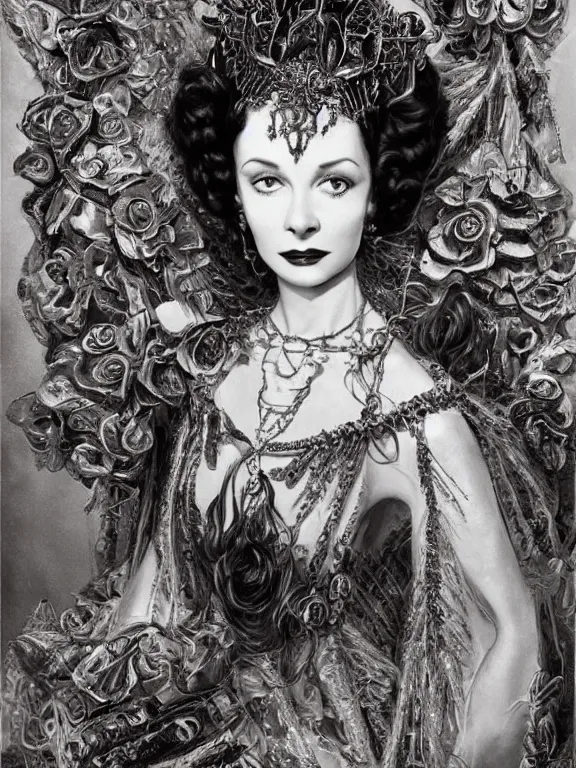 Prompt: a beautiful portrait render of Vivien Leigh who has baroque dramatic headdress with intricate fractals of flowers and tassels made of pearl,by Daveed Benito and Billelis and aaron horkey and peter gric,trending on pinterest,rococo,VOGUE,hyperreal,jewelry,ruby,gold,feminine,maximalist