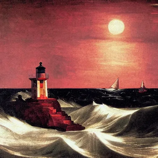 Prompt: A ship lost in a storm, at night on a full moon day, with a lighthouse in background, oil painting, Renaissance style, deep red background, by Caravaggio