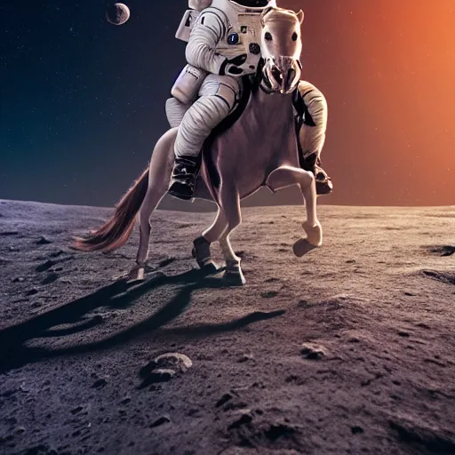 Image similar to professional photo of astronaut riding a horse on the moon, hyperrealistic masterpiece, trending on artstation, cgsociety, kodakchrome, golden ratio, cinematic, composition, beautiful lighting, hyper detailed, octane render, 4 k, unreal engine, low angle shot