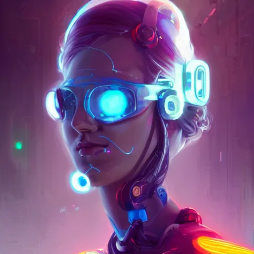 Prompt: portrait of a beautiful cybernetic raver girl, cyberpunk concept art by pete mohrbacher and artgerm and wlop and deathburger and syd mead, digital art, highly detailed, intricate, sci-fi, neon colors, sharp focus, Trending on Artstation HQ, deviantart, unreal engine 5, 4K UHD image
