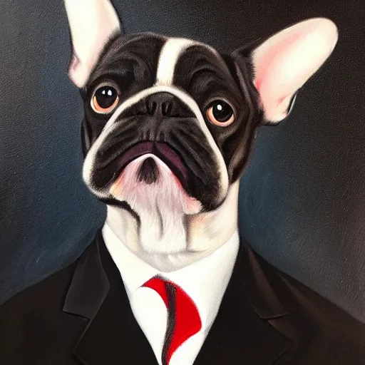 Image similar to oil painting of a french bulldog wearing businessman attire