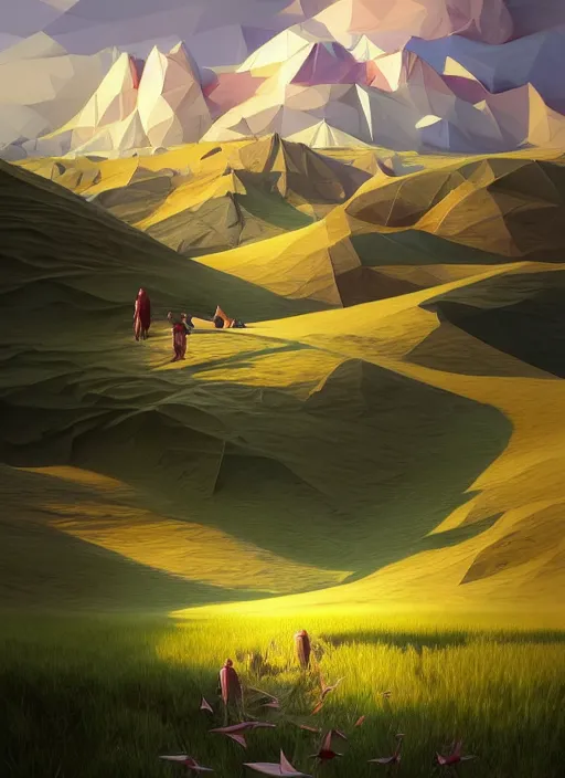 Image similar to a hyper - detailed 3 d render like a oil painting of summer in the low - poly hills, surrealism!!!!! surreal concept art, lifelike, photorealistic, digital painting, aesthetic, smooth, sharp focus, artstation hd, by greg rutkowski, chris tulloch mccabe, valentina remenar, krenz cushart and asher duran,