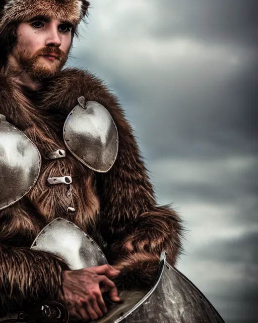 Image similar to ferret love warrior, furry, fantasy, viking, high detailed, hearts, photography, cloudy, lightweight leather armour, scandinavia, plain, detailed face, look into the distance, serious face, full body, in full growth, professional photographer, masterpiece, 5 0 mm, extremely detailed, digital art, middle ages, 8 k