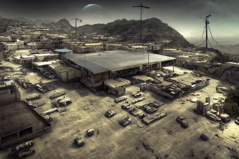 Image similar to favela hospital hangar bunker, desert environment, industrial factory, cliffs, gloomy, milky way, award winning art, epic dreamlike fantasy landscape, ultra realistic,