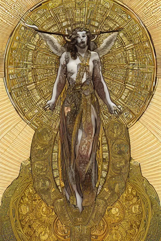 Image similar to a bull god angel of tranquility, hyper detailed, character concept, full body, dynamic pose, intricate, lineart, cerpuscular rays, by yoshitake amano, alfons mucha, 8 k, unreal