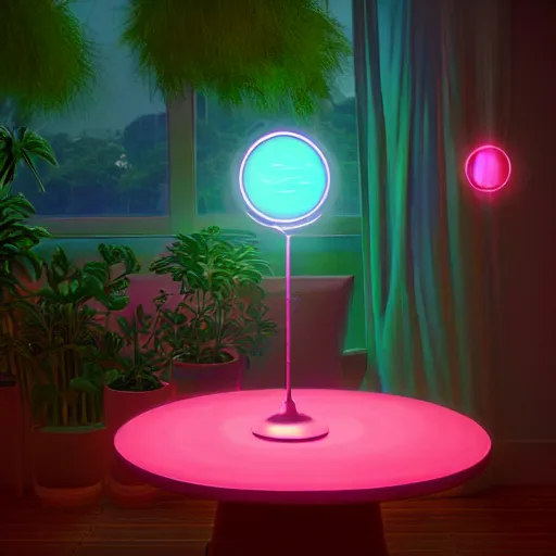 Image similar to glowing pink neon spheres, on a table with plants, vignette, digital art by Thomas Cole and John Harris, trending on artstation