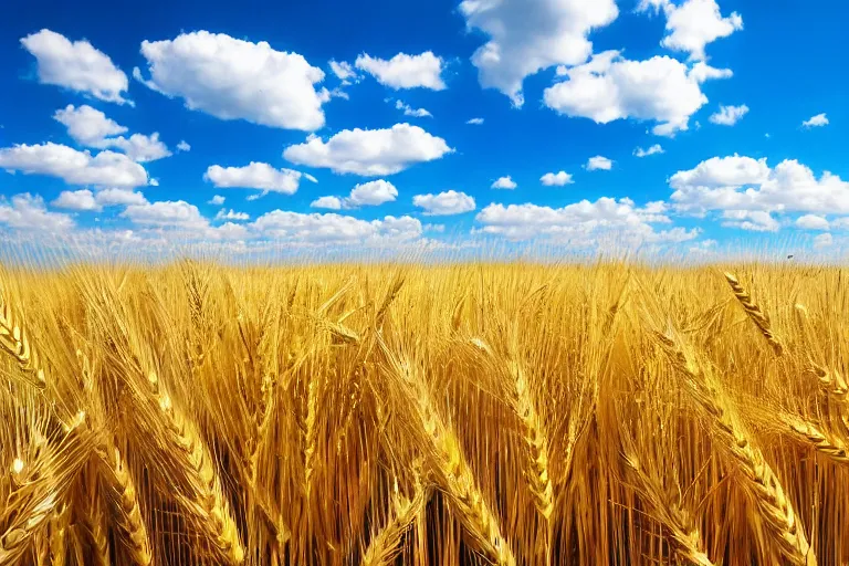 Image similar to Photo of clear blue sky and yellow wheat field, hd, beautiful, perfect light, photorealism, highly detailed, symmetry