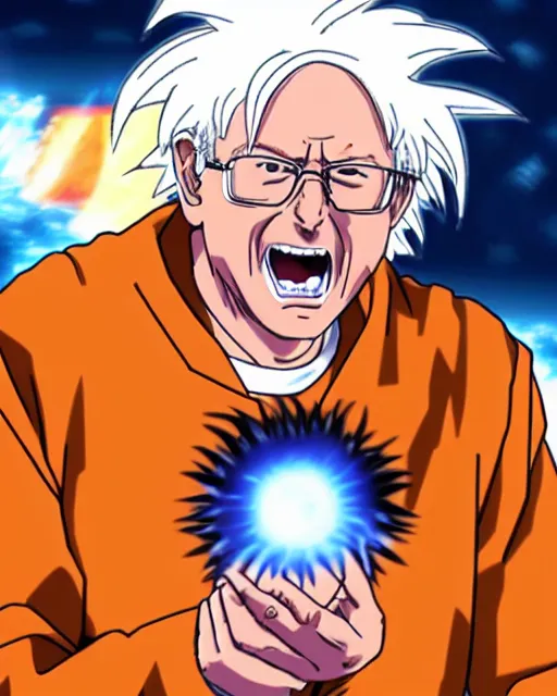 Prompt: bernie sanders as goku in dragonball z going super saiyan during filibuster speech and charging an energy beam