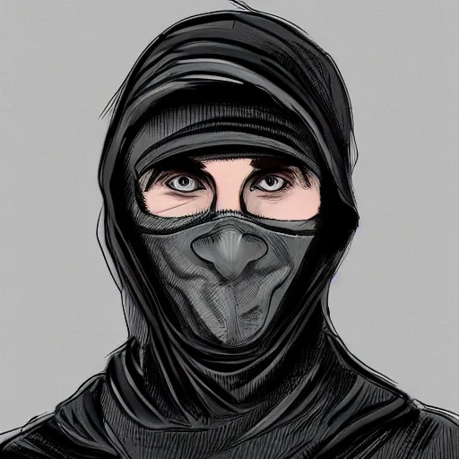 Image similar to a highly detailed headshot portrait of a man wearing a balaclava with a hoodie concept art