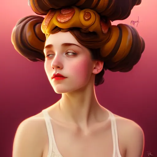 Image similar to portrait of a girl with a bundt cake on her head, digital art, cinematic, concept art, 8k, painting, imaginefx, cgsociety, art nouveau, Alphonse Mucha, trending on artstation