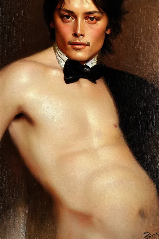 Image similar to portrait en buste alain delon by mark arian, by hughes merle, by pierre auguste cot, perfectly detailed eyes oil on canvas, masterpiece, realism,