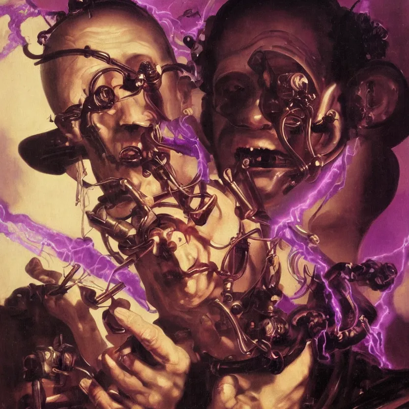 Prompt: a baroque neoclassicist close - up portrait of a retrofuturistic evil mad scientist experimenting in a dark laboratory with purple lightning. renaissance portrait painting. highly detailed science fiction painting by norman rockwell, frank frazetta, and syd mead. rich colors, high contrast, gloomy atmosphere, dark background. trending on artstation