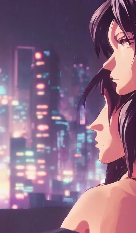 Image similar to anime fine details portrait of Revy in front of cyberpunk moder city landscape on the background deep bokeh, close-up view, anime masterpiece by Makoto Shinkai, 8k, sharp high quality anime, artstation