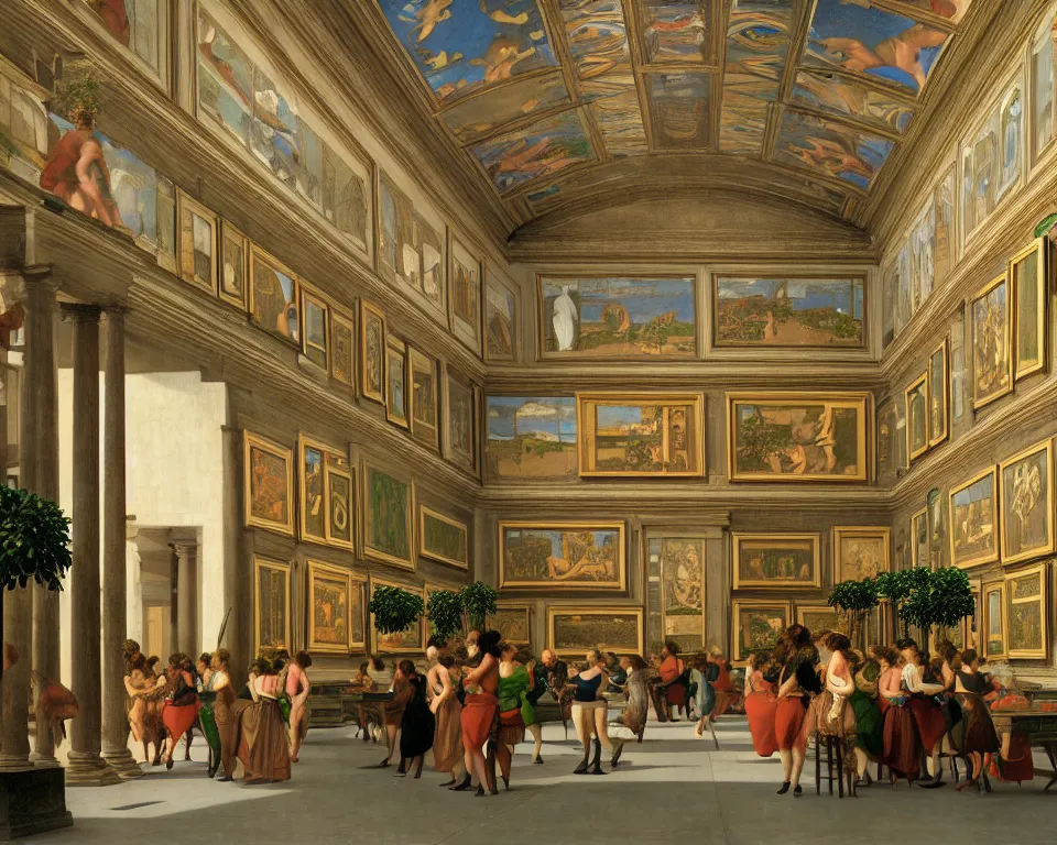 Prompt: an achingly beautiful print of the interior of the Uffizi gallery teeming with vibrant paintings, classical antiquities, and potted plants by Raphael, Hopper, and Rene Magritte. detailed, romantic, enchanting, trending on artstation.