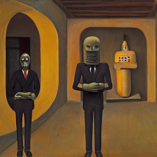 Image similar to drab workers wearing masks walking along cloisters, brutalist courtyard, watched by robots, dystopian, pj crook, edward hopper, oil on canvas