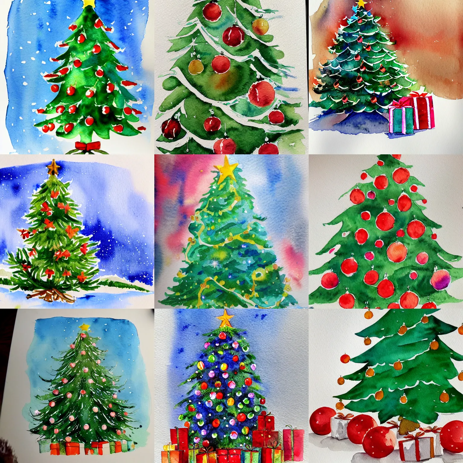 Prompt: watercolor painting of a christmas tree