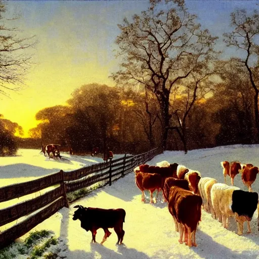 Image similar to feeding the animals at sunrise, dog, cows, sheep, chickens, ducks,, 4 k, ranch the morning after a light snowfall, by bob ross and norman rockwell