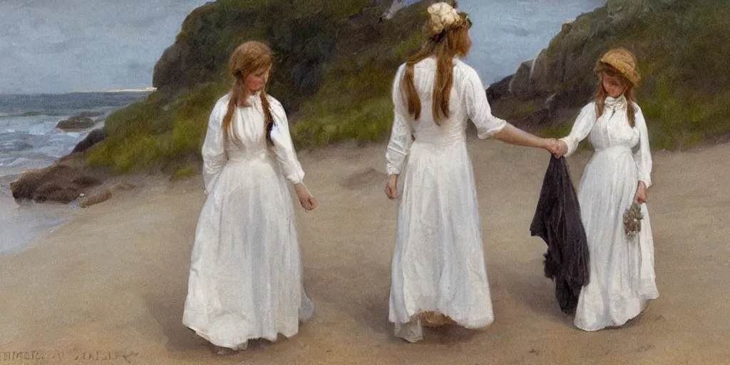 Prompt: two young edwardian women wearing white dresses hold hands on a beach in Sweden, in the style of Anders Zorn