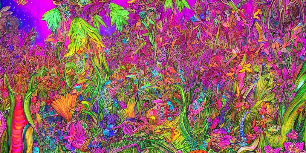 Image similar to 8k detailed psychedelic abstract illustration a exotic garden with neon flowers by Justin smith, detailed, intricate, elegant, highly detailed, digital painting, artstation, smooth, sharp focus