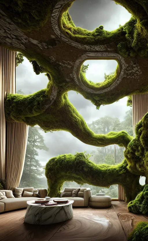 Image similar to highly detailed villa natural beautiful light interior soft cinematic composition of a smooth ceramic porcelain biomorphic magnolia stone nebula fluid sci - fi surreal architecture landscape, furniture, granite, trees, marble, moss, lichen, fungi, vincent callebaut composition, mamou - mani, archviz, 8 k, unreal engine, hdr