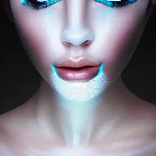 Image similar to high fashion photography of a model in neo futurism white sci - fi makup, transparent cloth, beautifully lit