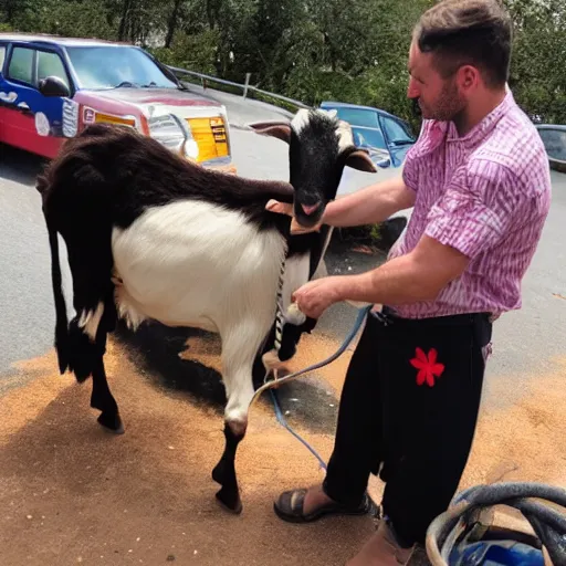 Prompt: a jew milking a goat in a fire truck