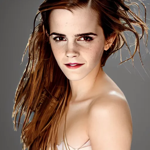 Image similar to full length shot of Emma Watson, long wet hair, wearing a towel, studio photography
