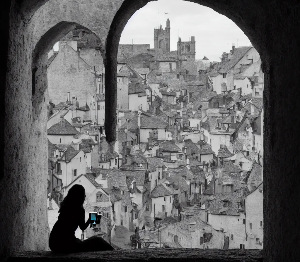 Image similar to the silhouette of a woman drinking coffee, looking out to an old medieval town, over the shoulders shot, cinematic, 4 k, detailed, 3 5 mm film, black and white