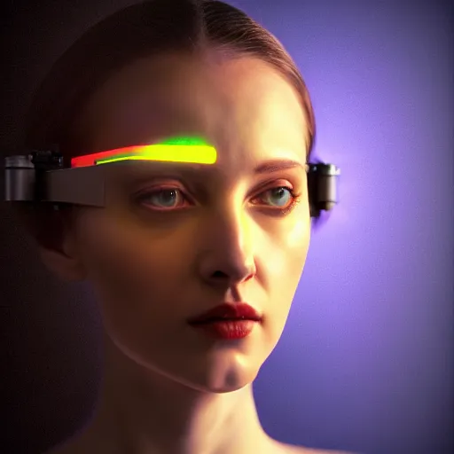 Image similar to hyperrealism aesthetic photography in caravaggio style quntum computer simulation visualisation of parallel universe cyberpunk scene with beautiful detailed ukrainian woman with detailed face wearing ukrainian traditional shirt and wearing retrofuturistic sci - fi neural interface designed by josan gonzalez. hyperrealism photo on pentax 6 7, by giorgio de chirico volumetric natural light rendered in blender