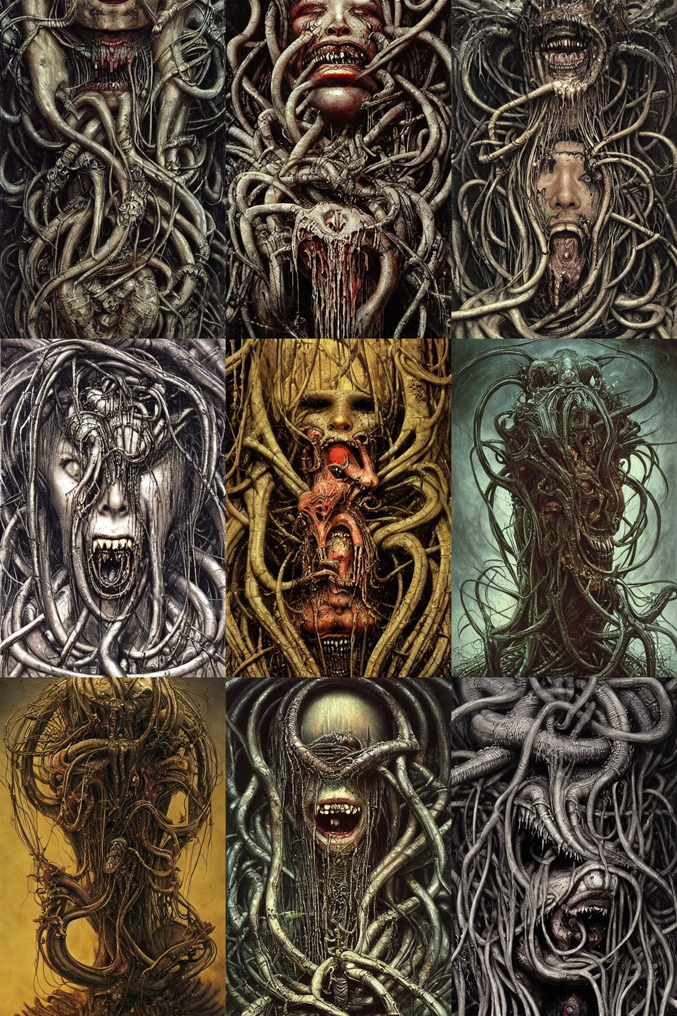 Prompt: Coakroaches gushing out of Medusa\'s mouth, dramatic, art style hr giger and beksinski , super details, dark dull colors, ornate Giger background, mysterious, eerie, sinister