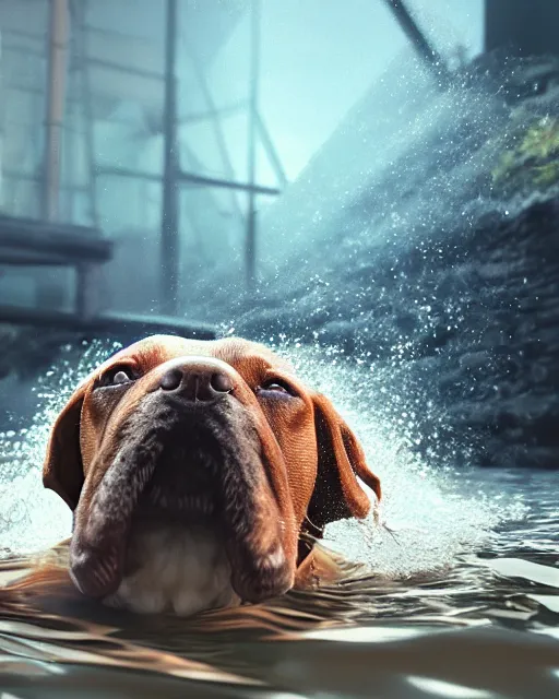 Image similar to dog swimming in the river, hyper realism, cinematic, volumetric lighting, dramatic ambient lighting, epic composition, high detail, octane render, unreal engine, 8 k, professional photo, photorealistic, intricate complexity, extremely detailed,