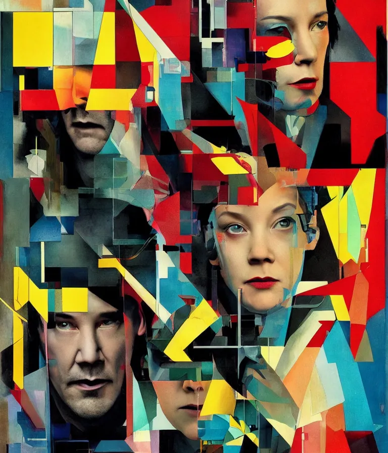 Prompt: Beautiful colorful constructivist Cyberpunk Movie Poster made for the film William Gibson's Cyborg Nights (2004) Starring Melissa McCarthy and Keanu Reeves, minimalist oil paint and ink collage by Man Ray and Marcel Duchamp , Vivid color trending on artstation Cinematic lighting collage!! 8k