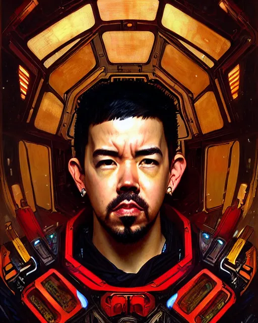 Prompt: portrait of a handsome cyberpunk mike shinoda wearing a samurai armor, beautiful symmetrical face, fantasy, regal, by stanley artgerm lau, greg rutkowski, thomas kindkade, alphonse mucha, loish, norman rockwell.