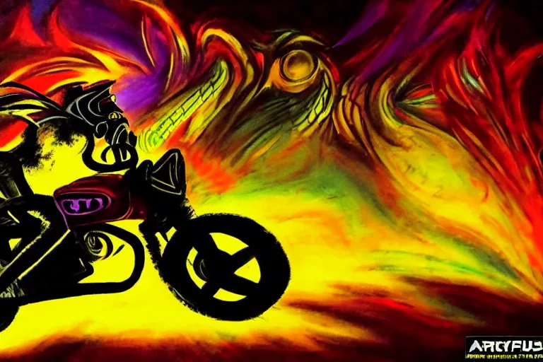 Image similar to high quality cinematic action shot of an orc doing a wheelie on a motorcycle, psychedelic blacklight airbrush art